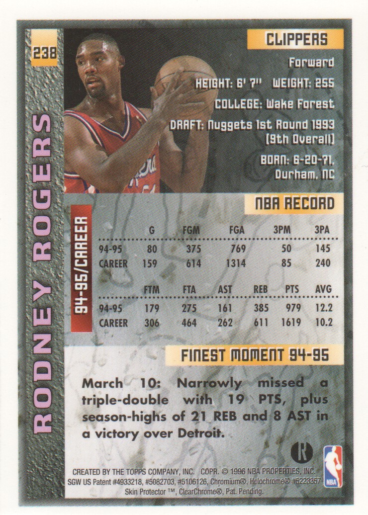 1995-96 Finest Refractors #238 Rodney Rogers back image