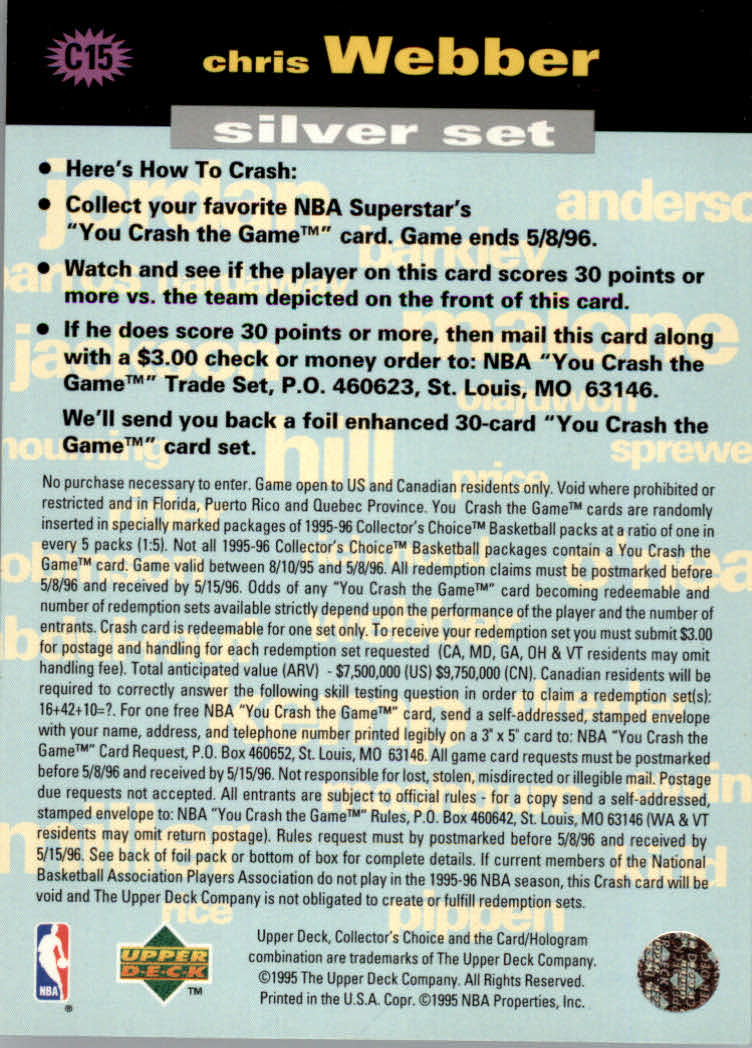 1995-96 Collector's Choice Crash the Game Scoring #C15C Chris Webber PHI L back image
