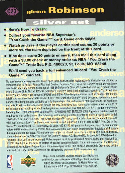 1995-96 Collector's Choice Crash the Game Scoring #C23B Glenn Robinson CHA L back image