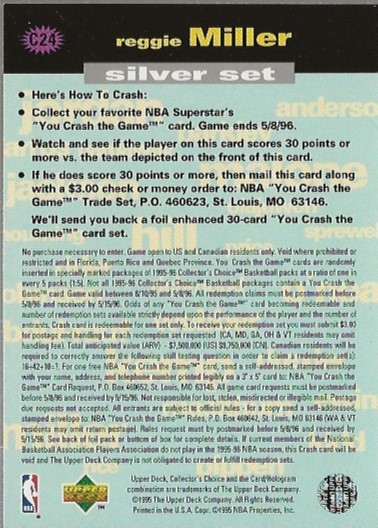 1995-96 Collector's Choice Crash the Game Scoring #C24 Reggie Miller MIN L back image