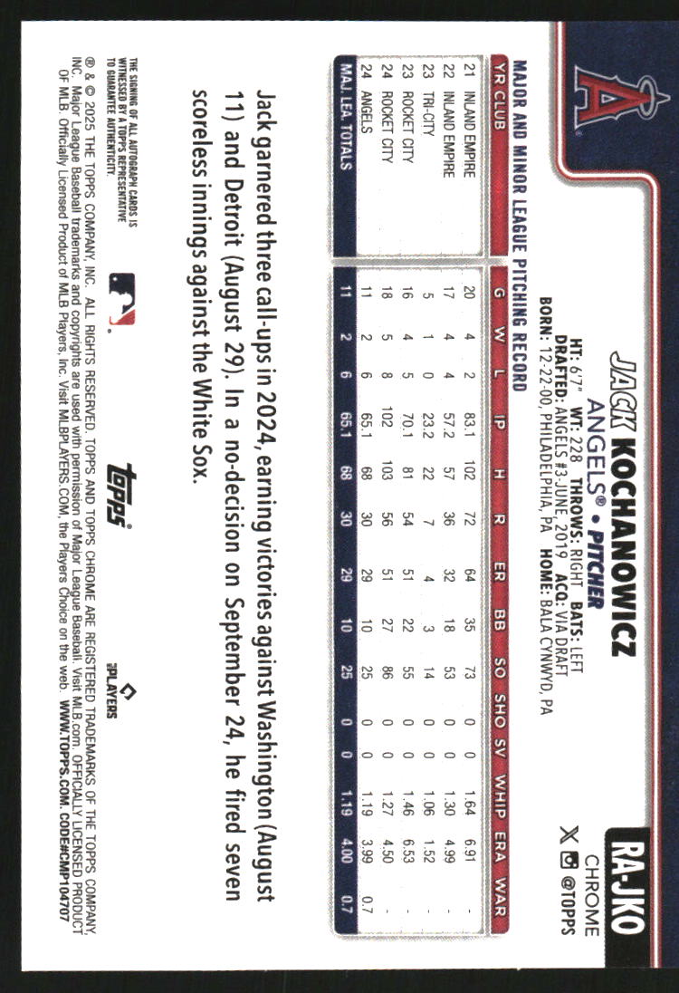 2025 Topps Chrome Rookie Autographs #RAJKO Jack Kochanowicz Auto