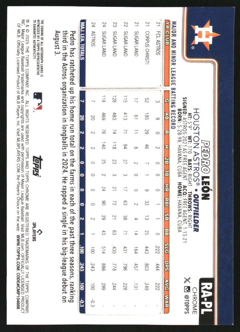2025 Topps Chrome Rookie Autographs #RAPL Pedro Leon Auto