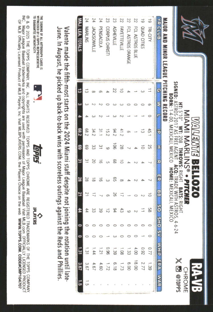 2025 Topps Chrome Rookie Autographs #RAVB Valente Bellozo Auto