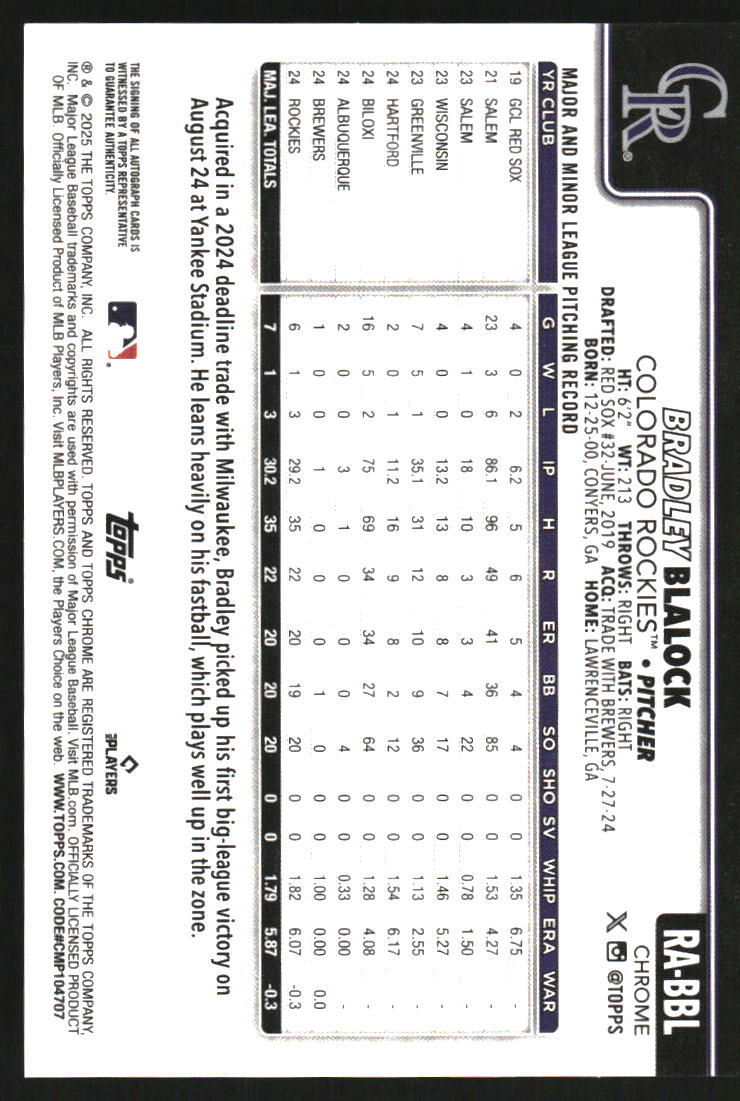 2025 Topps Chrome Rookie Autographs Black and White Mini-Diamond Refractors #RABBL Bradley Blalock Auto