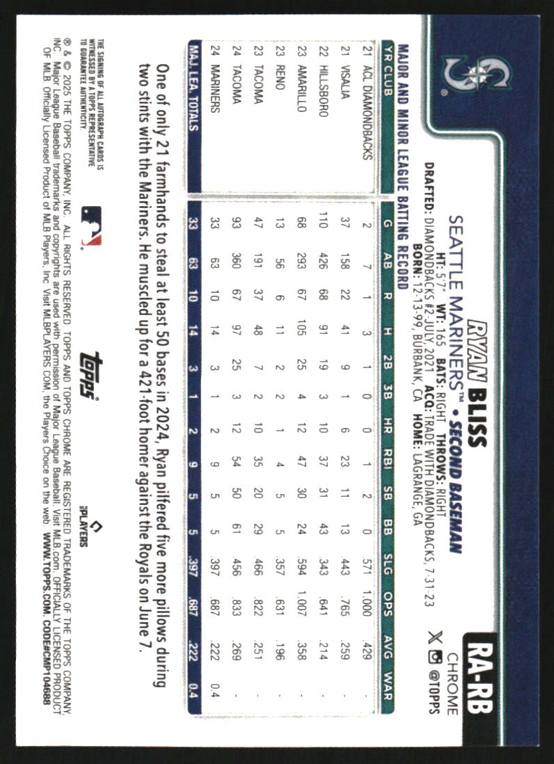 2025 Topps Chrome Rookie Autographs Black and White Mini-Diamond Refractors #RARB Ryan Bliss Auto
