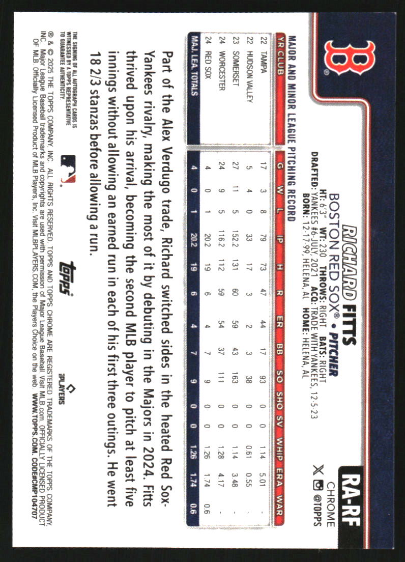 2025 Topps Chrome Rookie Autographs Black and White Mini-Diamond Refractors #RARF Richard Fitts Auto
