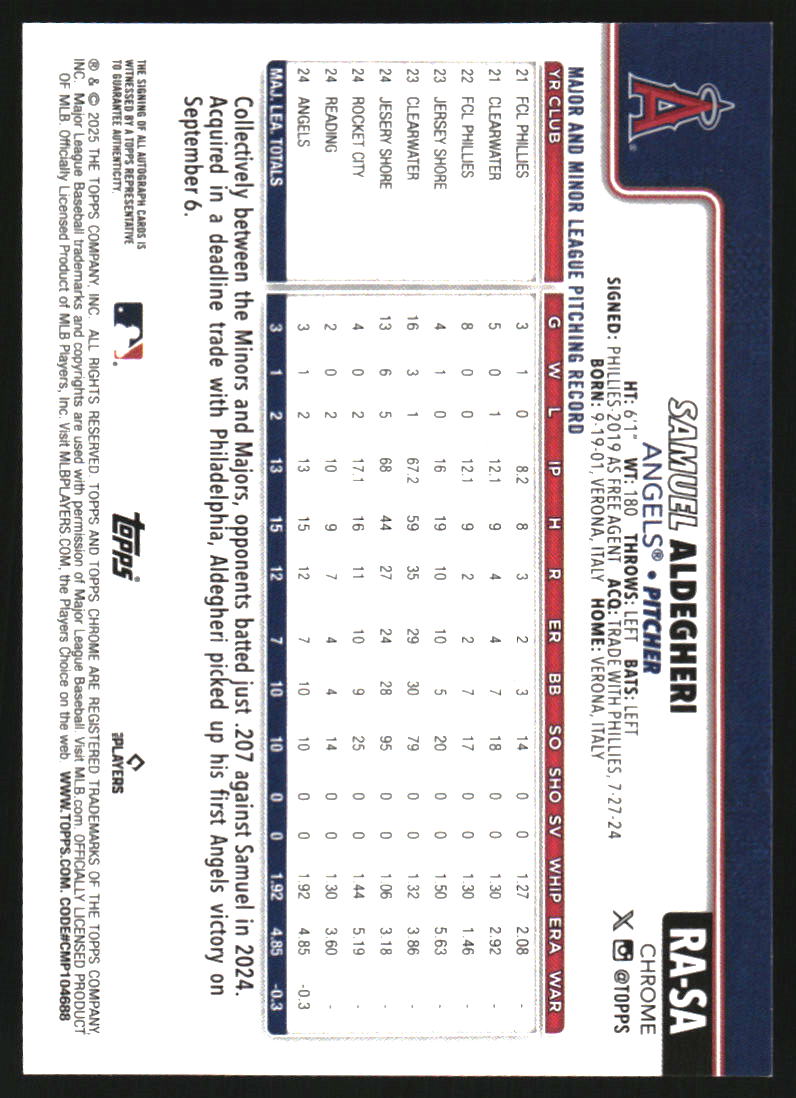2025 Topps Chrome Rookie Autographs Black and White Mini-Diamond Refractors #RASA Samuel Aldegheri Auto