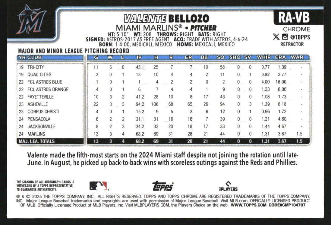 2025 Topps Chrome Rookie Autographs Refractors #RAVB Valente Bellozo back image