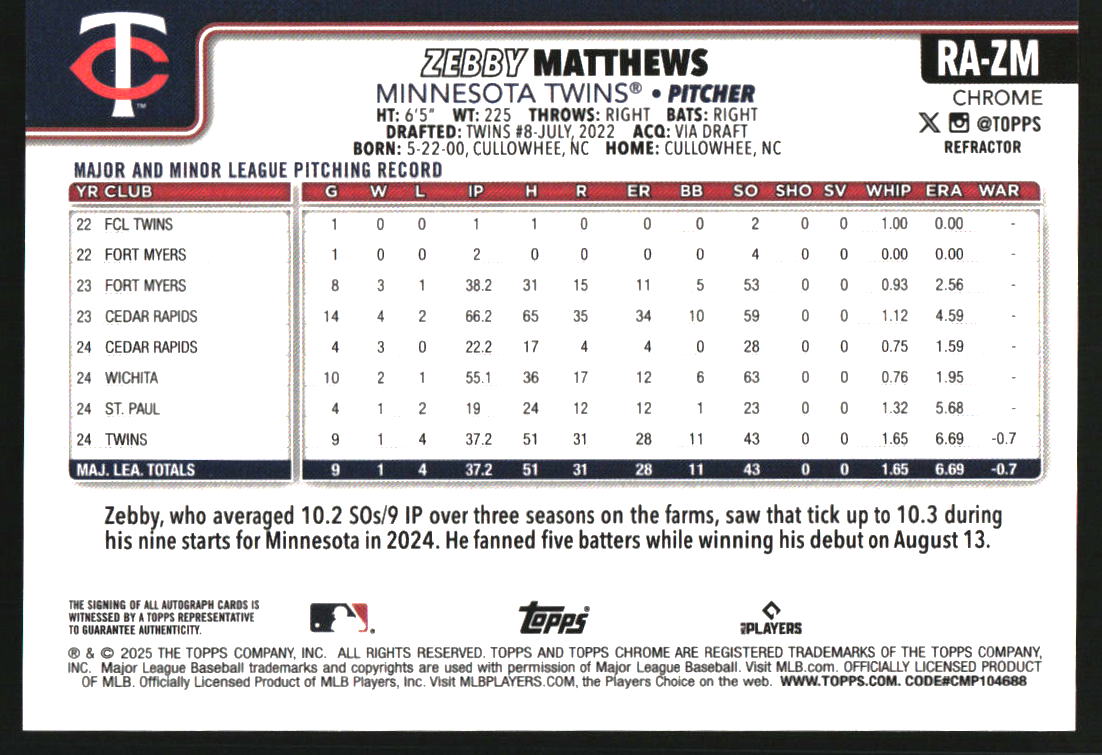 2025 Topps Chrome Rookie Autographs Refractors #RAZM Zebby Matthews back image