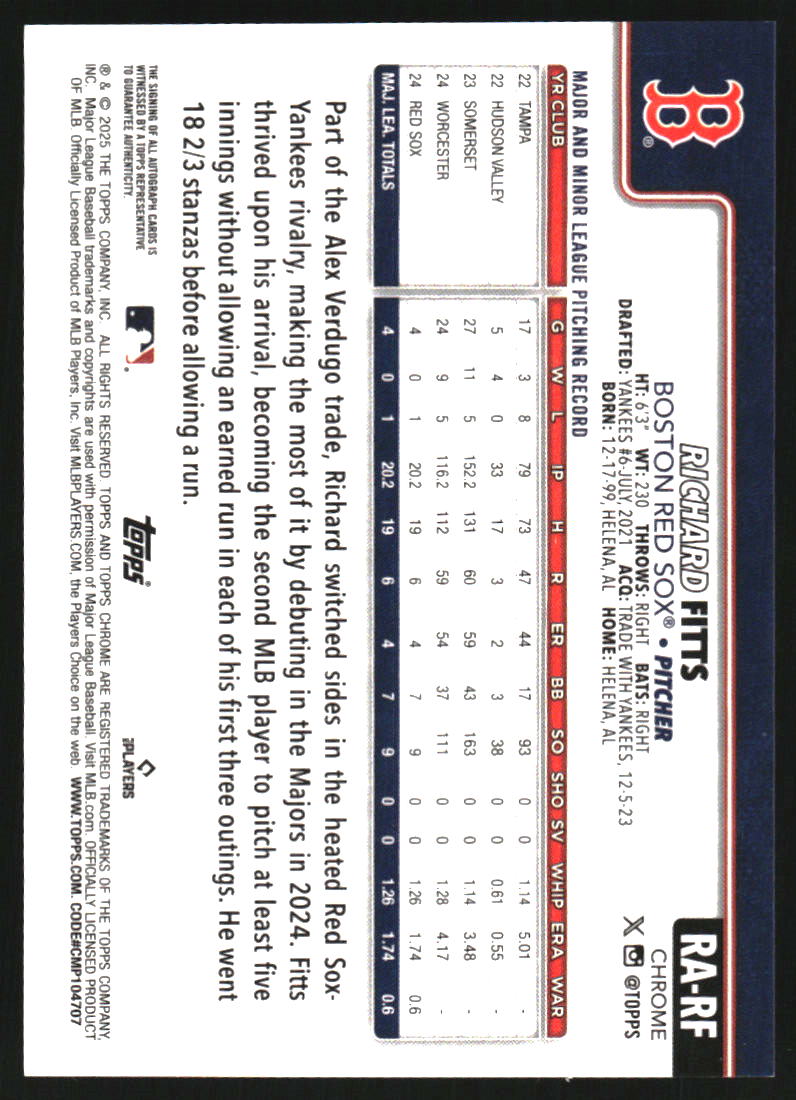 2025 Topps Chrome Rookie Autographs Purple Speckle Refractors #RARF Richard Fitts Auto /299