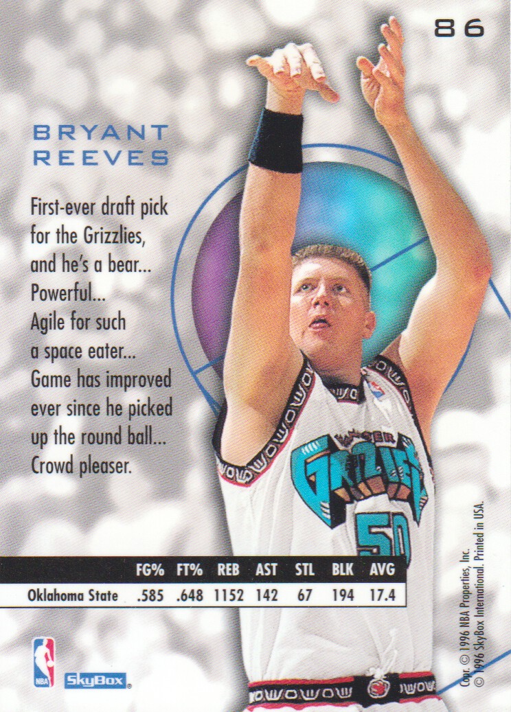 1995-96 E-XL Blue #86 Bryant Reeves back image