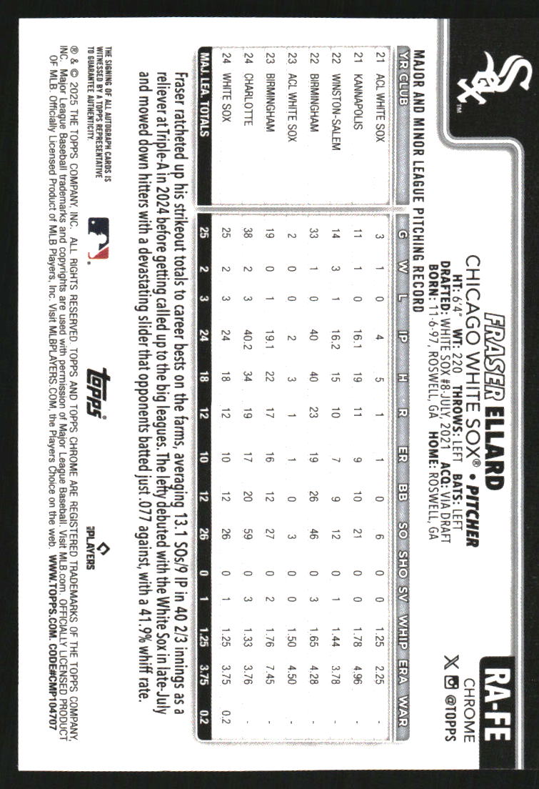 2025 Topps Chrome Rookie Autographs Green Refractors #RAFE Fraser Ellard Auto /99