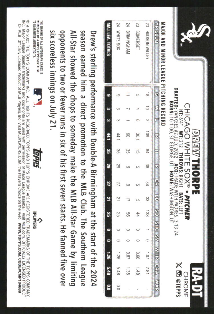 2025 Topps Chrome Rookie Autographs Gold Wave Refractors #RADT Drew Thorpe Auto /50