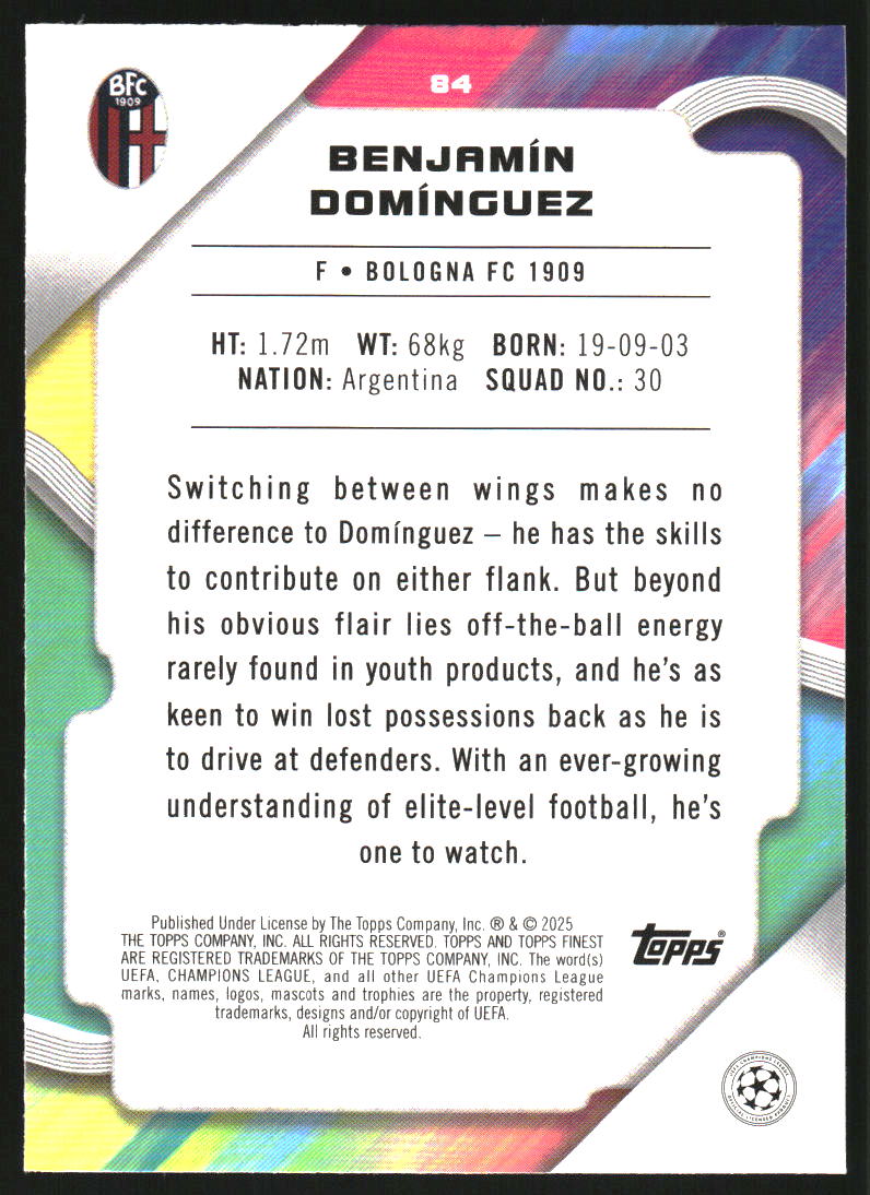 2024-25 Finest UEFA Club Competitions Sky Blue Refractors #84 Benjamin Dominguez /275