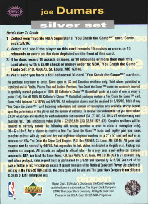 1995-96 Collector's Choice Crash the Game Assists/Rebounds #C28C Joe Dumars 4/13 L back image