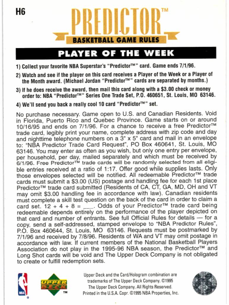 1995-96 Upper Deck Predictor Player of the Week #H6 Anfernee Hardaway W back image