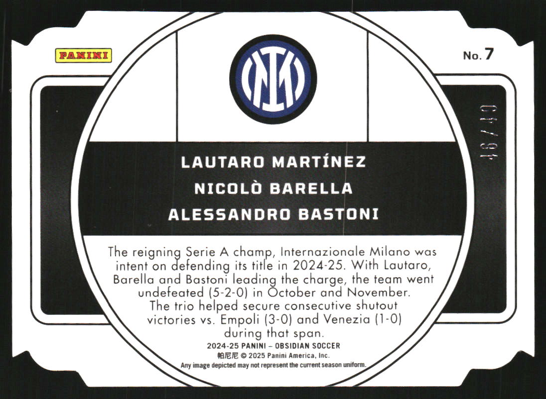 2024-25 Panini Obsidian Nucleus Electric Etch Purple #7 Alessandro Bastoni Nicolo Barella Lautaro Martinez /49