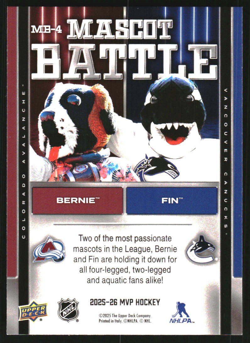 2025-26 Upper Deck MVP Mascot Battle #MB4 Bernie the St. Bernard/Fin The Whale