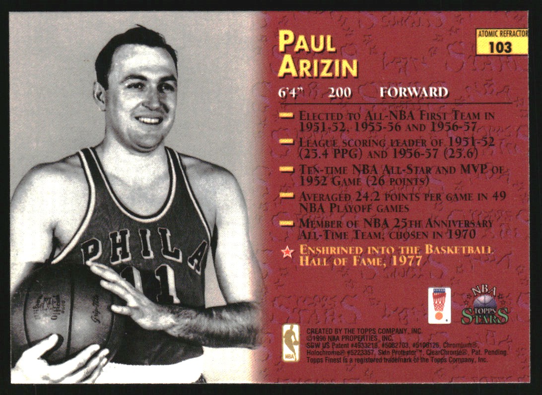 1996 Topps Stars Finest Atomic Refractors #103 Paul Arizin