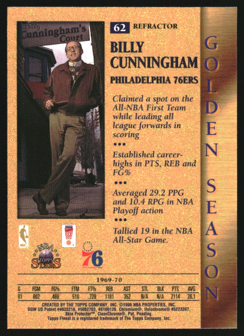1996 Topps Stars Finest Refractors #62 Billy Cunningham GS back image
