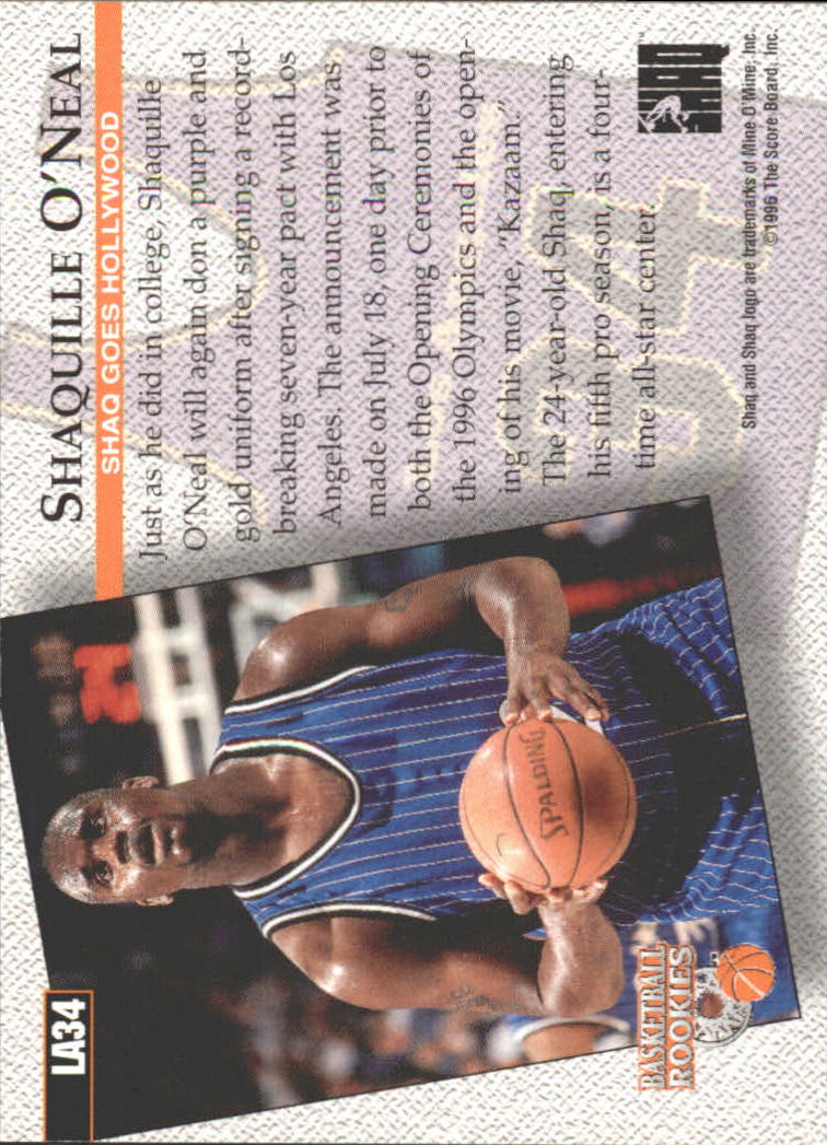 1996 Score Board Rookies College Jerseys #LA34 Shaquille O'Neal LA back image