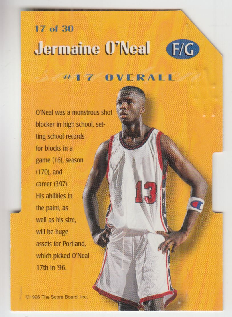 1996 Score Board Rookies Die Cuts #17 Jermaine O'Neal back image