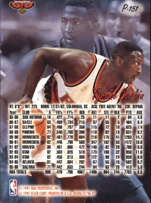 1996-97 Ultra Platinum Medallion #P151 Tyrone Corbin back image