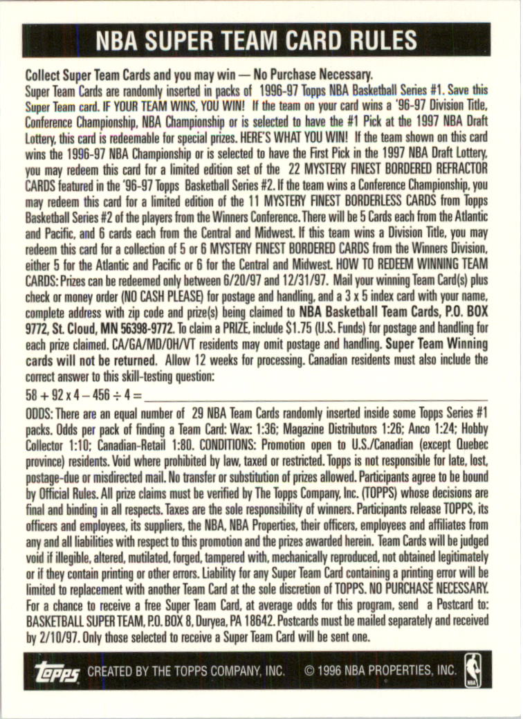 1996-97 Topps Super Teams Basketball Card Pick (Base) - Picture 9 of 55
