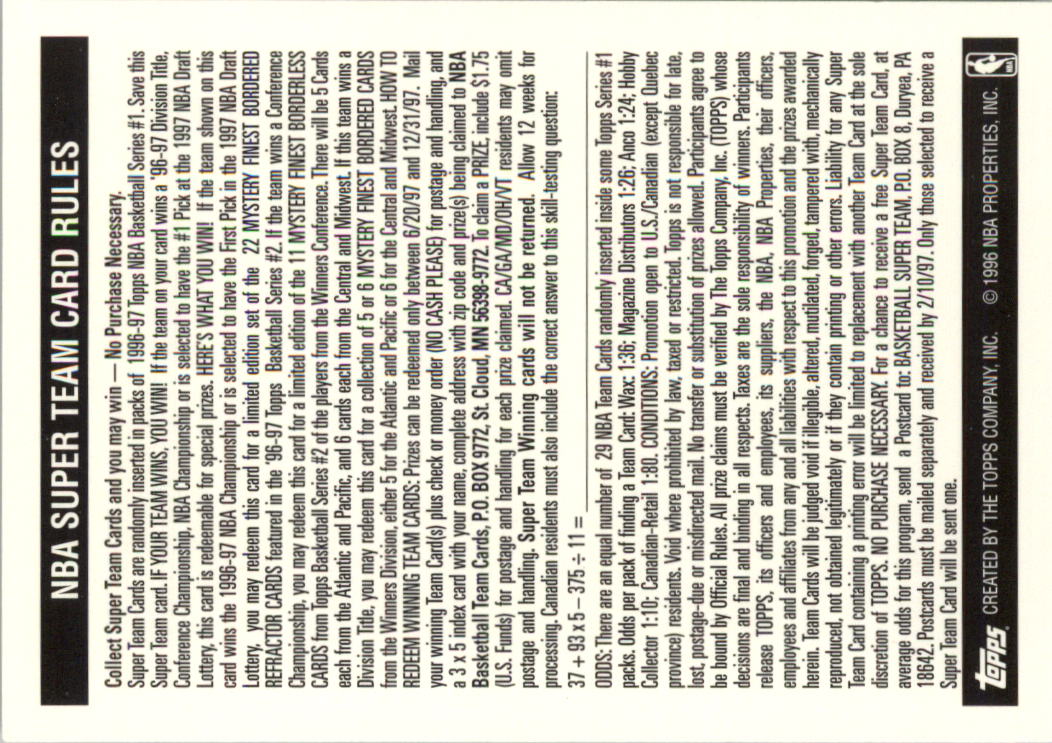 1996-97 Topps Super Teams Basketball Card Pick (Base) - Picture 23 of 55