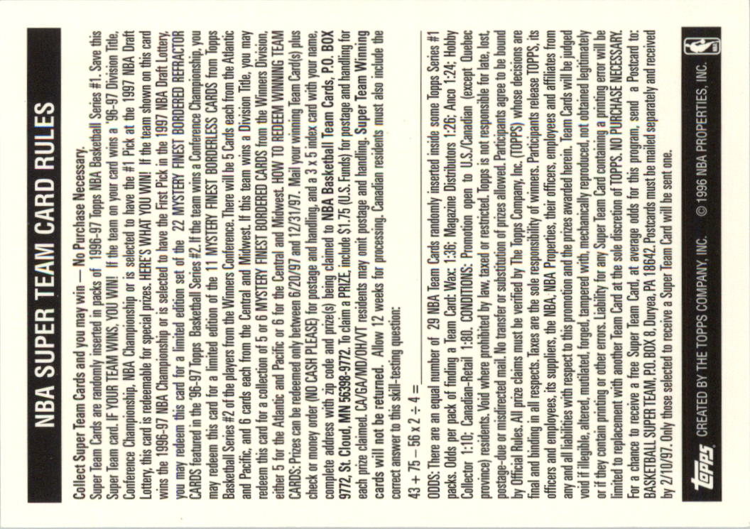 1996-97 Topps Super Teams Basketball Card Pick (Base) - Picture 25 of 55