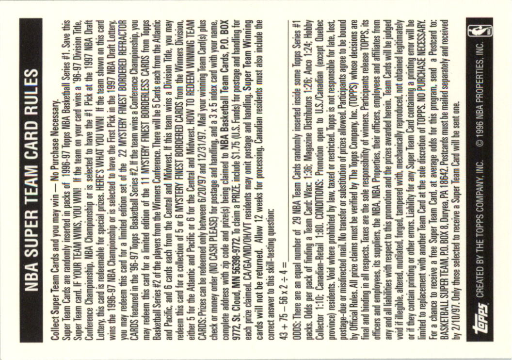 1996-97 Topps Super Teams Basketball Card Pick (Base) - Picture 27 of 55