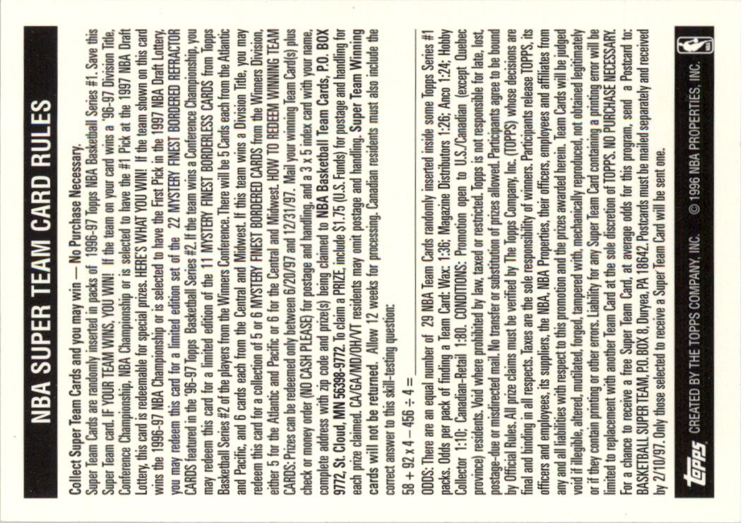 1996-97 Topps Super Teams Basketball Card Pick (Base) - Picture 29 of 55