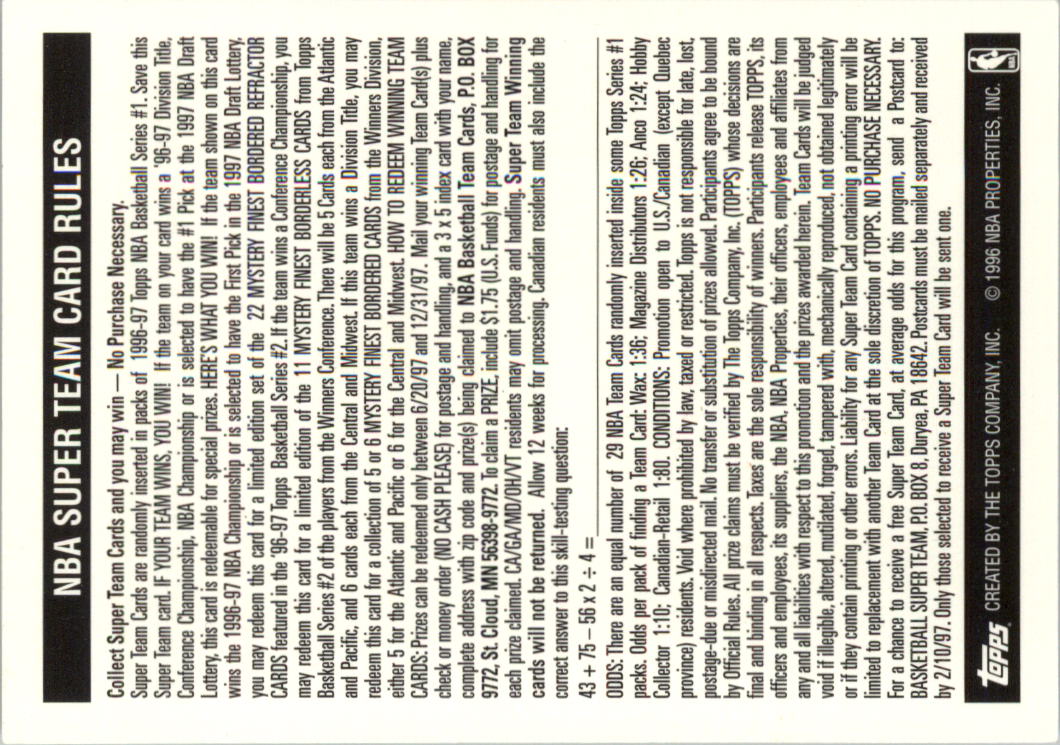 1996-97 Topps Super Teams Basketball Card Pick (Base) - Picture 33 of 55