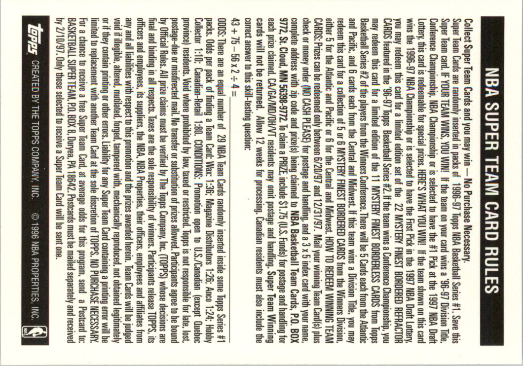 1996-97 Topps Super Teams Basketball Card Pick (Base) - Picture 39 of 55