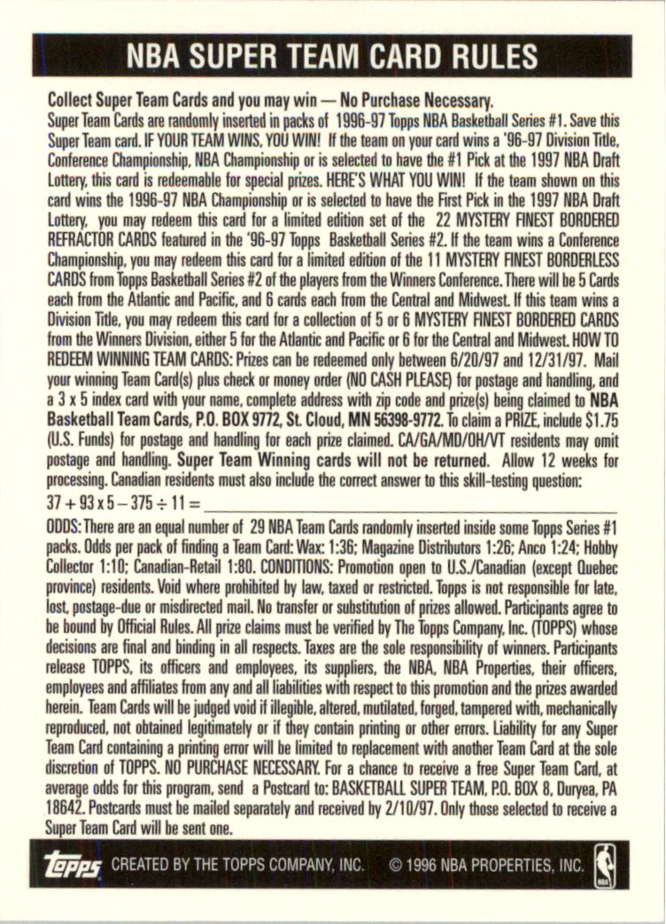 1996-97 Topps Super Teams Basketball Card Pick (Base) - Picture 49 of 55