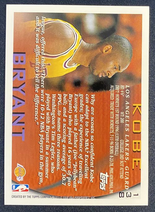 1996-97 Topps #138 Kobe Bryant RC back image