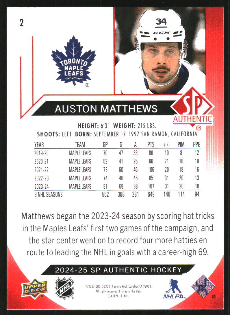 2024-25 SP Authentic Limited Red #2 Auston Matthews
