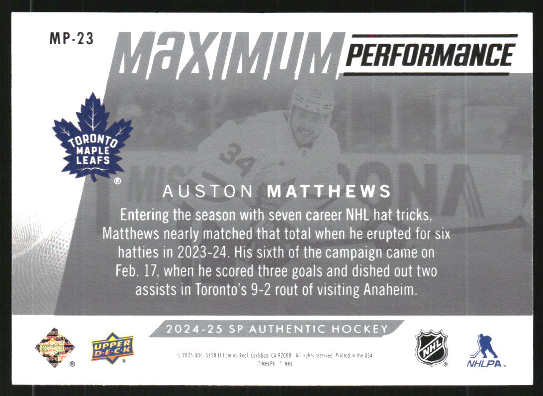 2024-25 SP Authentic Maximum Performance #MP23 Auston Matthews