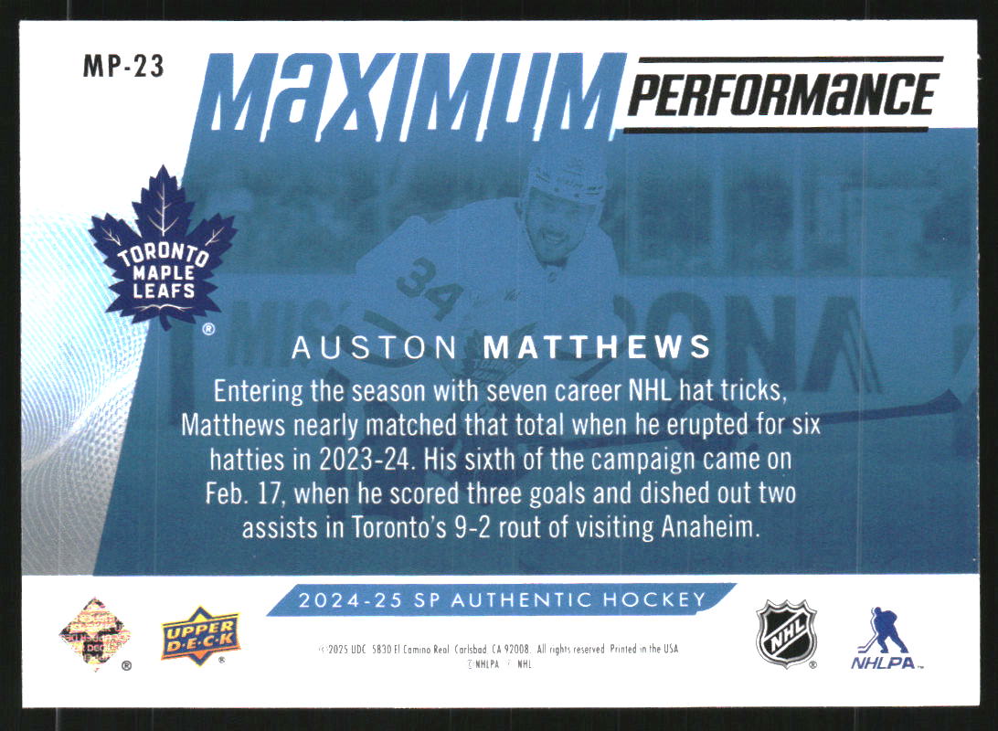 2024-25 SP Authentic Maximum Performance Blue #MP23 Auston Matthews