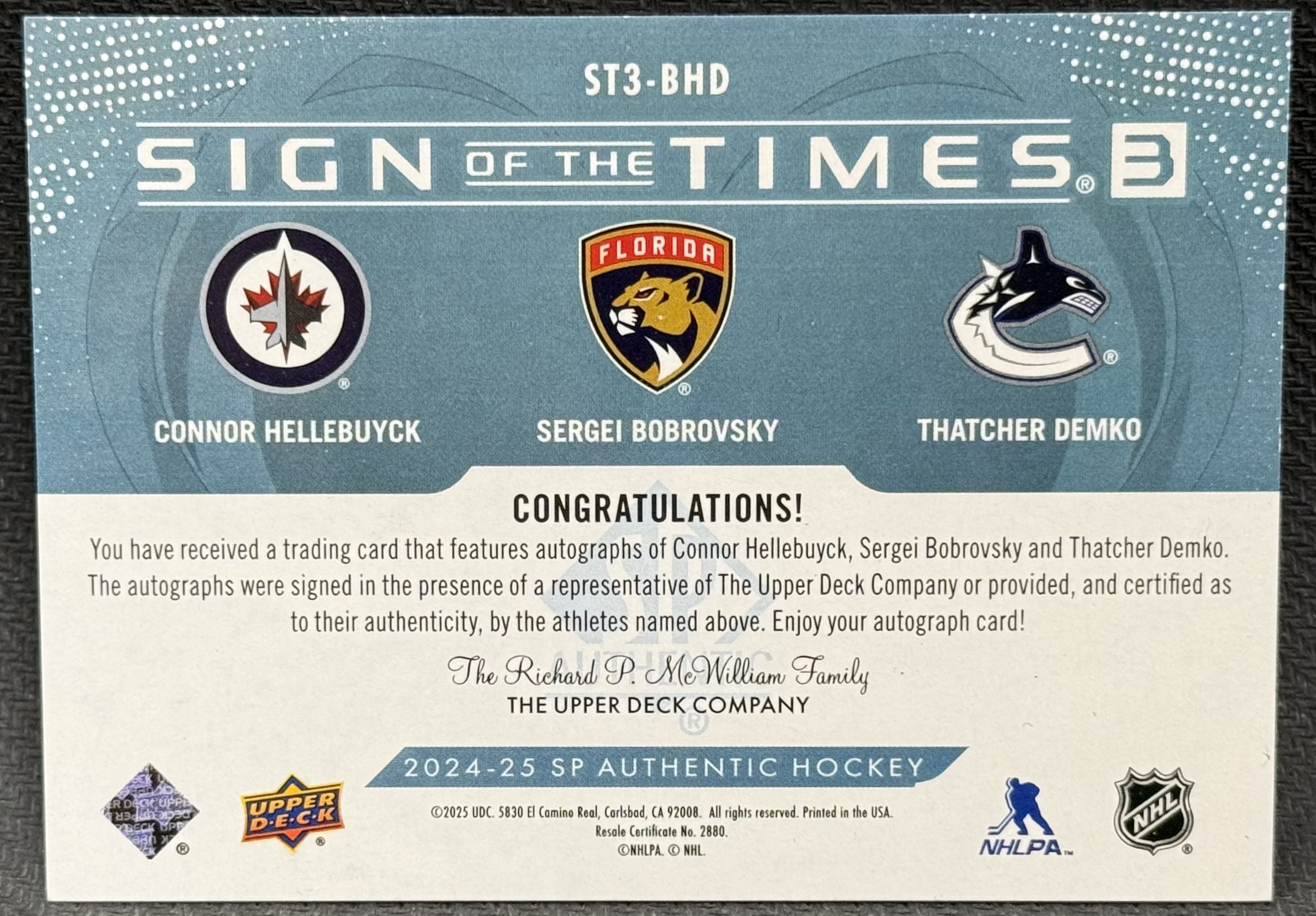 2024-25 SP Authentic Sign of the Times Triples #ST3BHD Connor Hellebuyck/Sergei Bobrovsky/Thatcher Demko back image