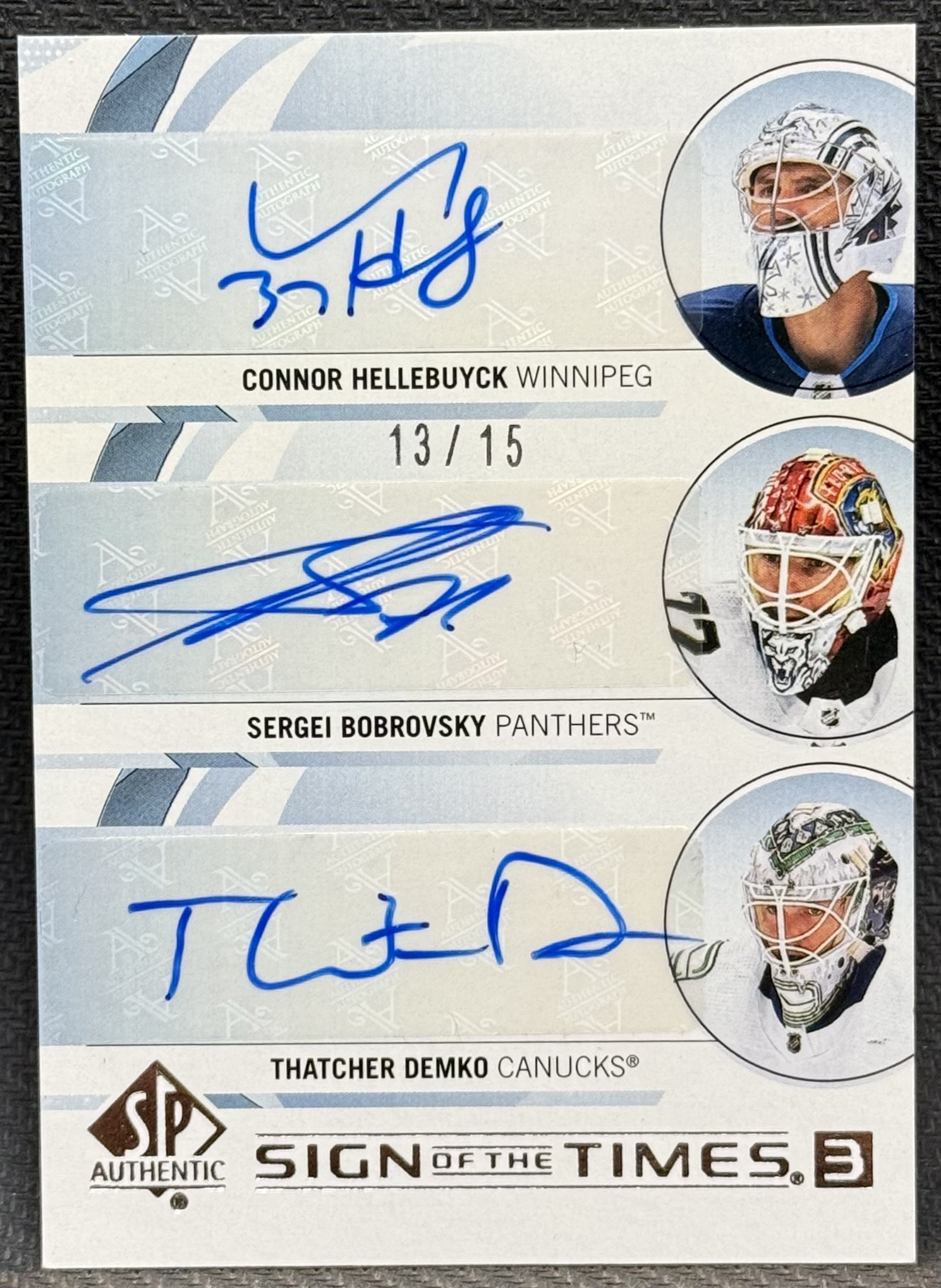 2024-25 SP Authentic Sign of the Times Triples #ST3BHD Connor Hellebuyck/Sergei Bobrovsky/Thatcher Demko