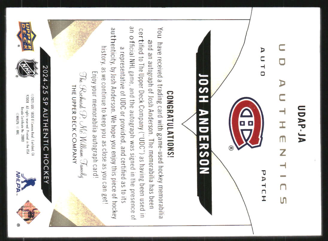 2024-25 SP Authentic UD Authentics Patch Autographs #UDAPJA Josh Anderson Auto Patch /49