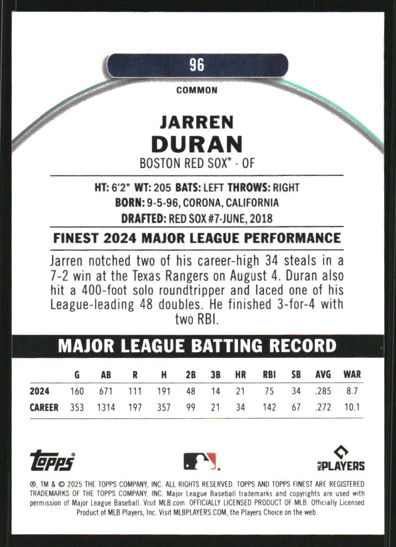 2025 Finest Pearl Checkerboard Refractors #96 Jarren Duran /60