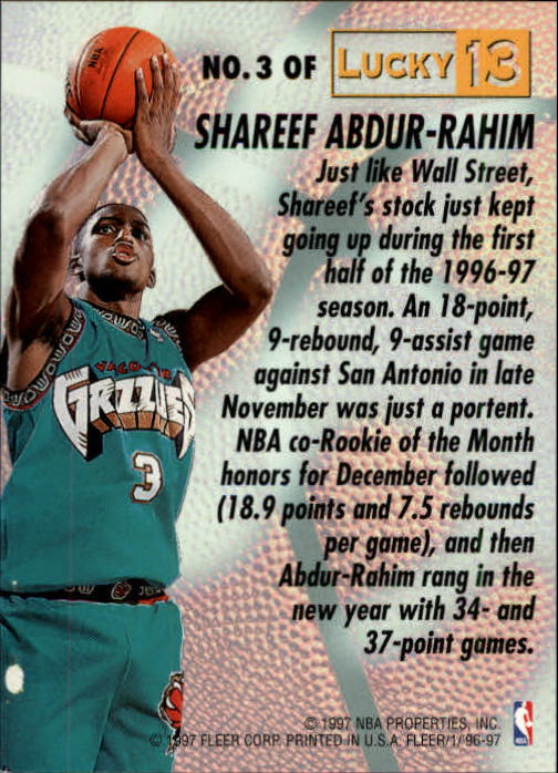 1996-97 Fleer Lucky 13 #3 Shareef Abdur-Rahim back image