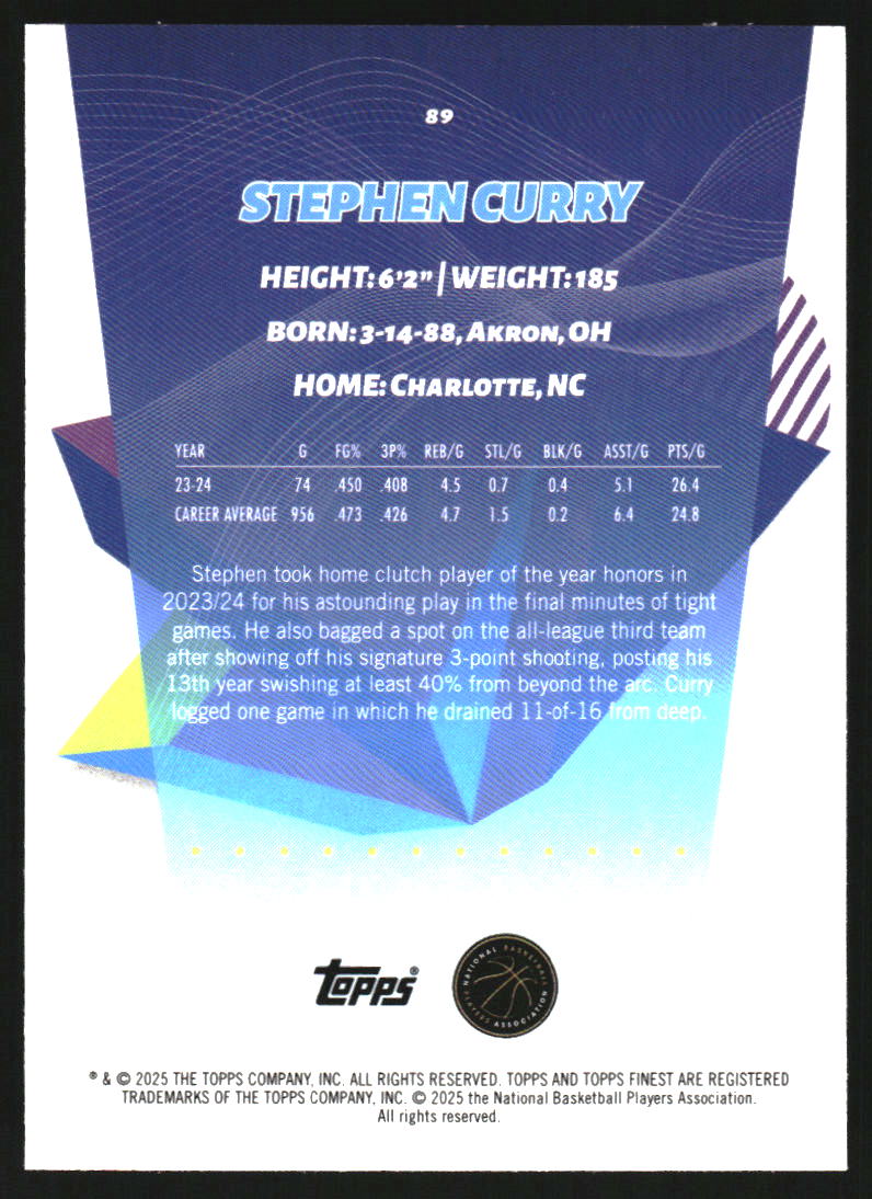 2024-25 Finest Purple Refractors #89 Stephen Curry C
