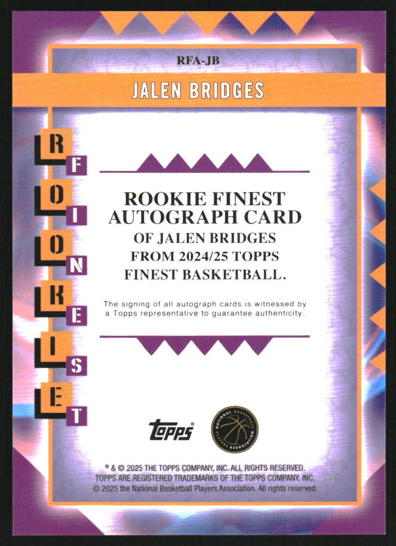 2024-25 Finest Rookie Autographs Blue X-Fractors #RFAJB Jalen Bridges