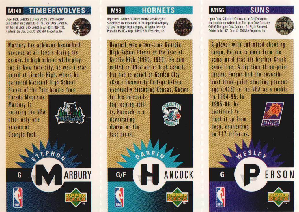1996-97 Collector's Choice Mini-Cards Gold #M140 Stephon Marbury/Darrin Hancock/Wesley Person back image