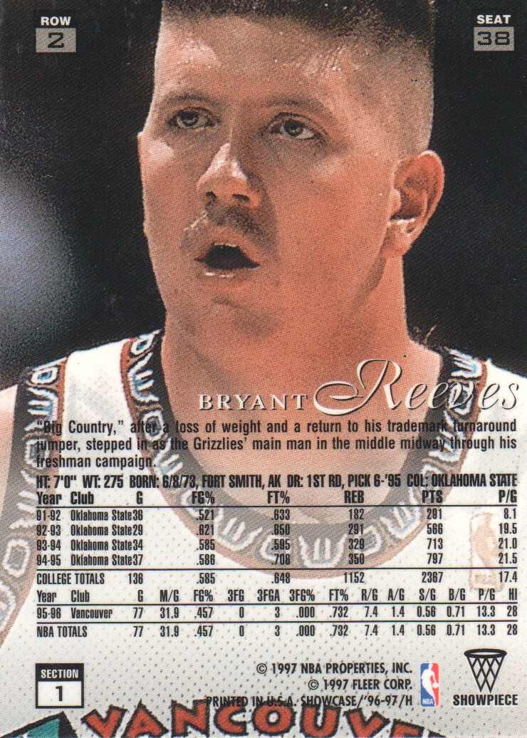 1996-97 Flair Showcase Row 2 #38 Bryant Reeves back image