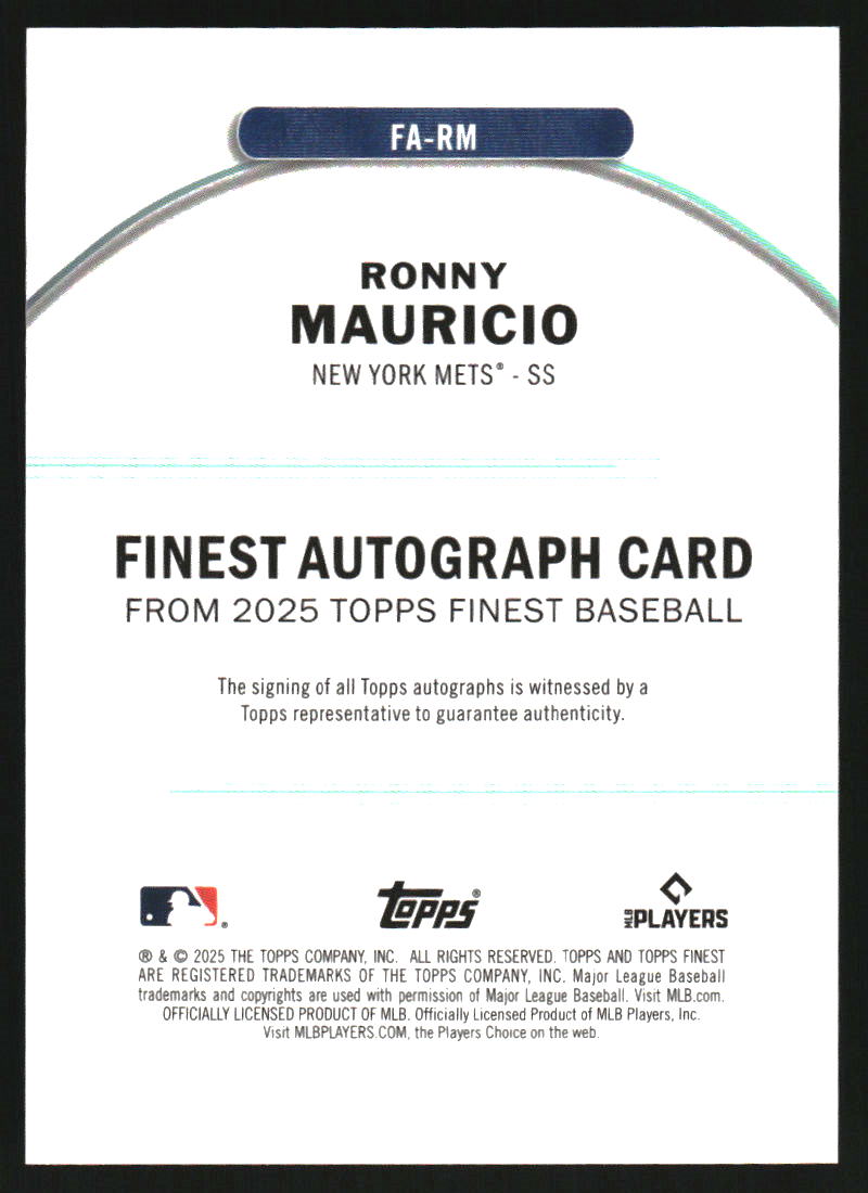 2025 Finest Autographs Blue Refractors #FARM Ronny Mauricio Auto /99