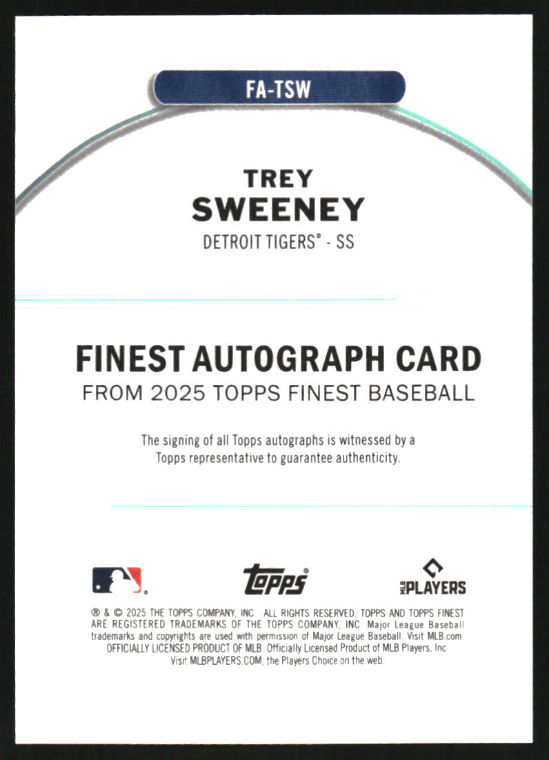 2025 Finest Autographs Sky Blue Refractors #FATSW Trey Sweeney Auto /150